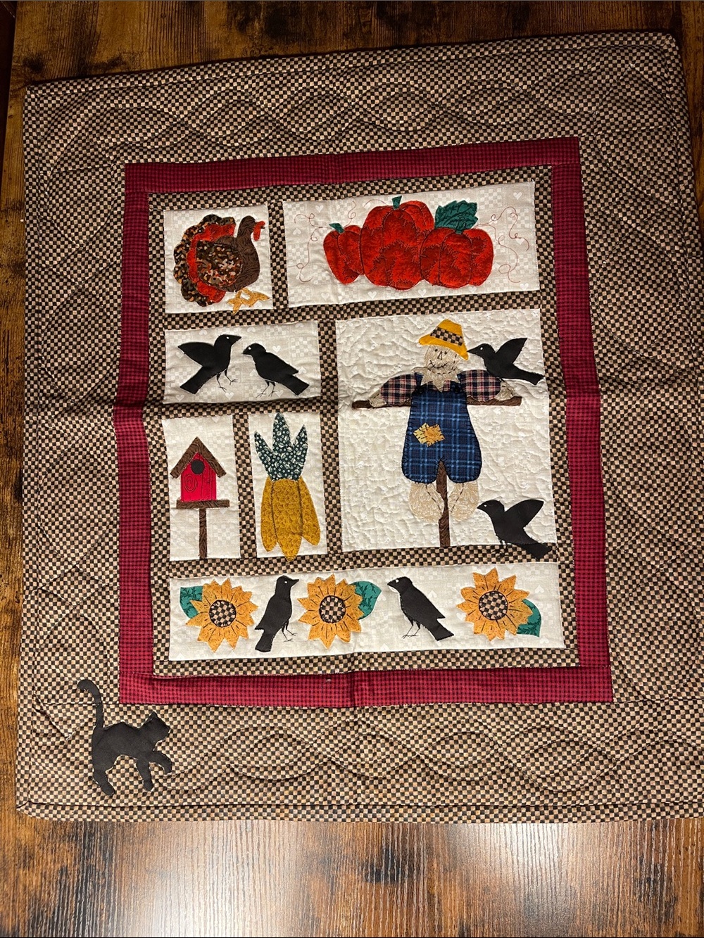 Handmade Fall Patchwork Wall Quilt with Red Accents -like new